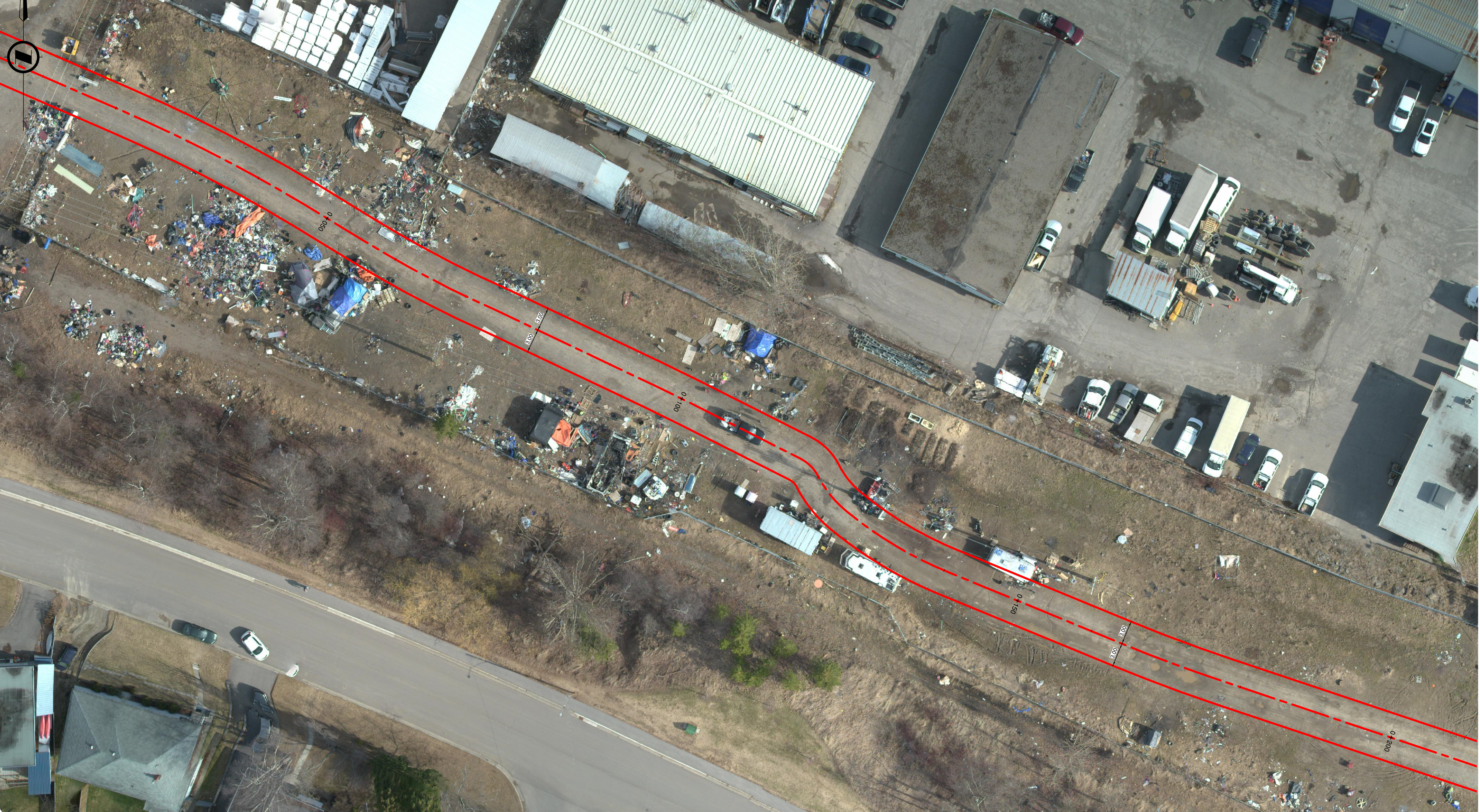 An aerial view of the roadway and work area on Lower Patricia. 