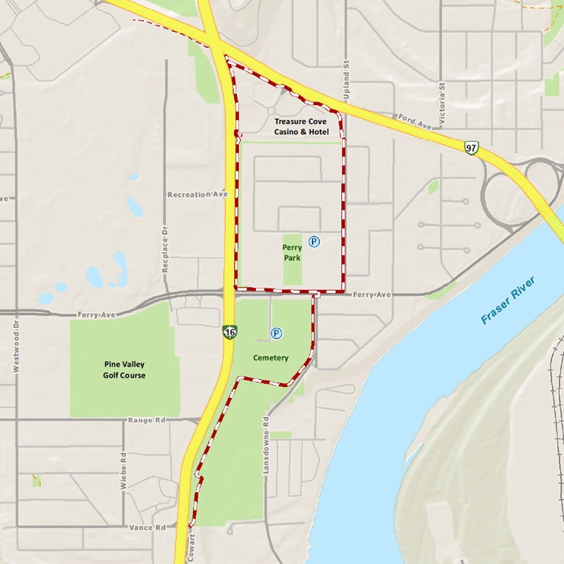 A map of the Cemetery Trail that passes connects the Fraserview, Lansdowne, Assman, Perry, and VLA neighbourhoods. Includes access points on Cowart Road, Lansdowne Road, and Ferry Avenue.
