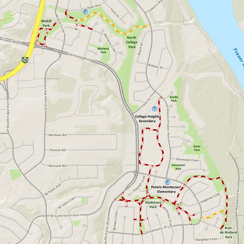 Map of College Heights Trail, including entry points on Eton Avenue, Monahan Crescent, Moriarty Crescent, and Simon Fraser Avenue.