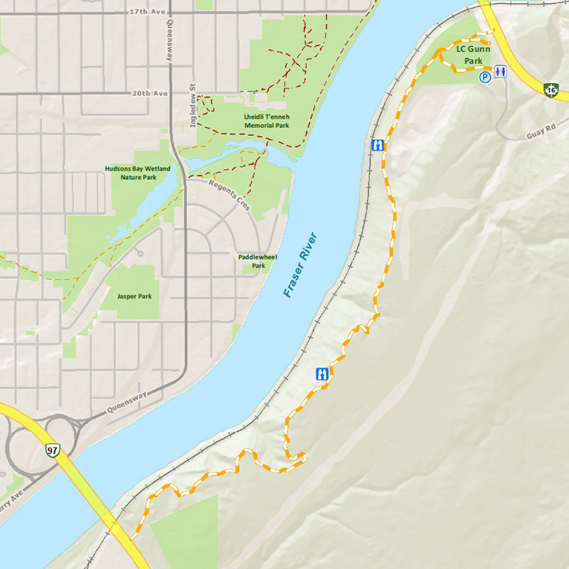 Map of LC Gunn Park Trail, showing the trail's path on the east side of the Fraser River, between the bridges at highway 97 and highway 16.
