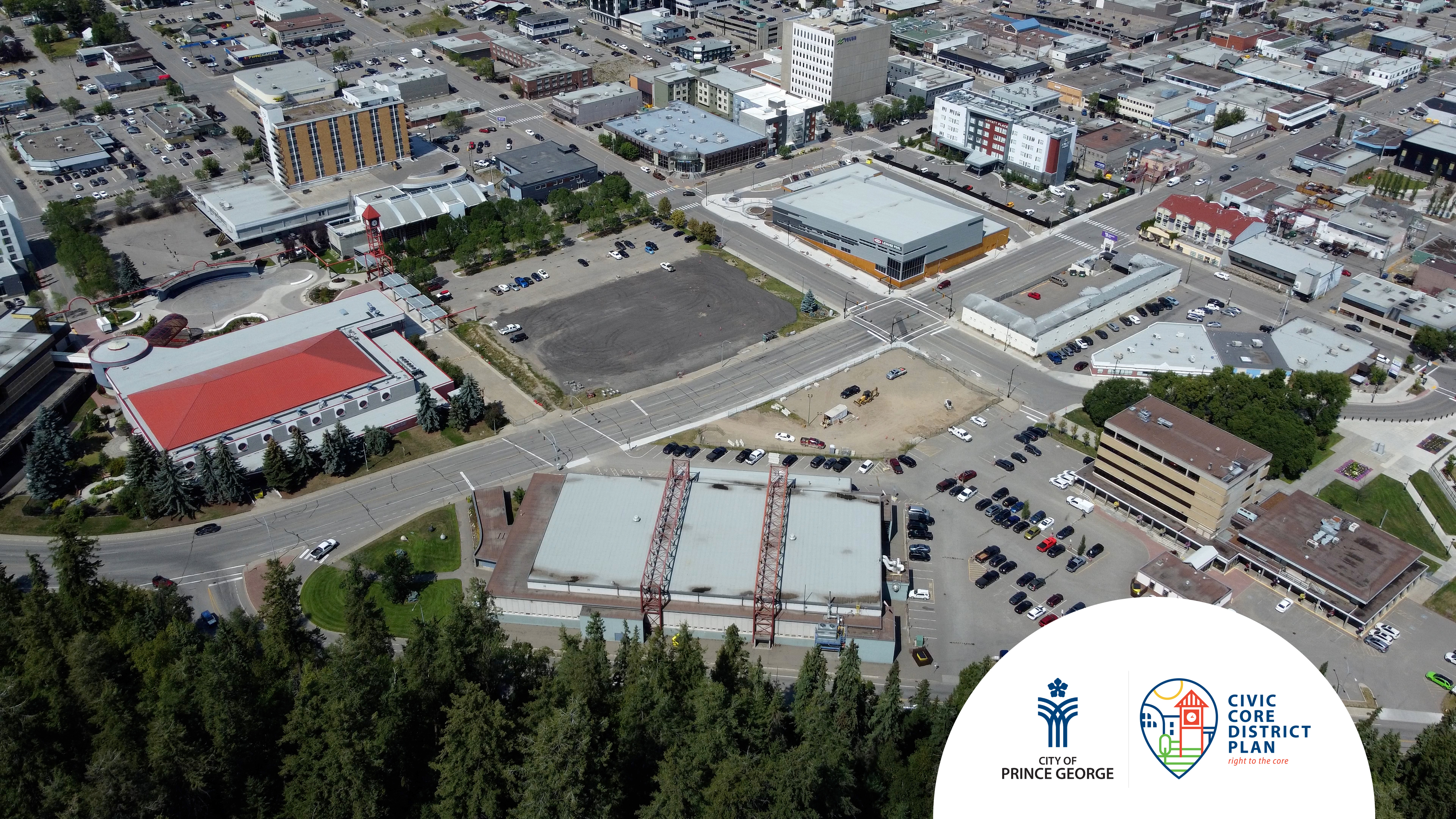 A birds eye photo of the Prince George Downtown buildings including City Hall, Kopar arena and more
