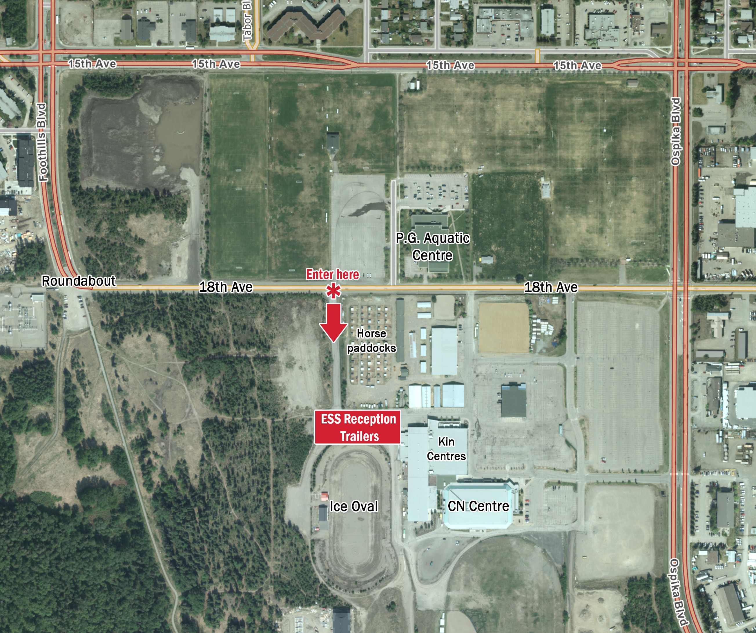 Map to ESS reception centre, indicating where to enter the facility from 18th Avenue. 