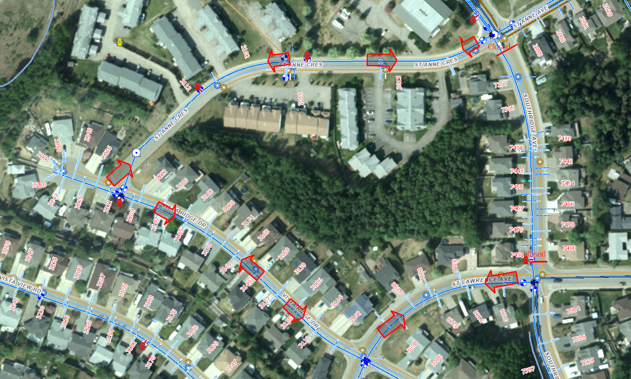 a birds eye view map of Southridge Avenue showing where the watermain work will take place and the detour route