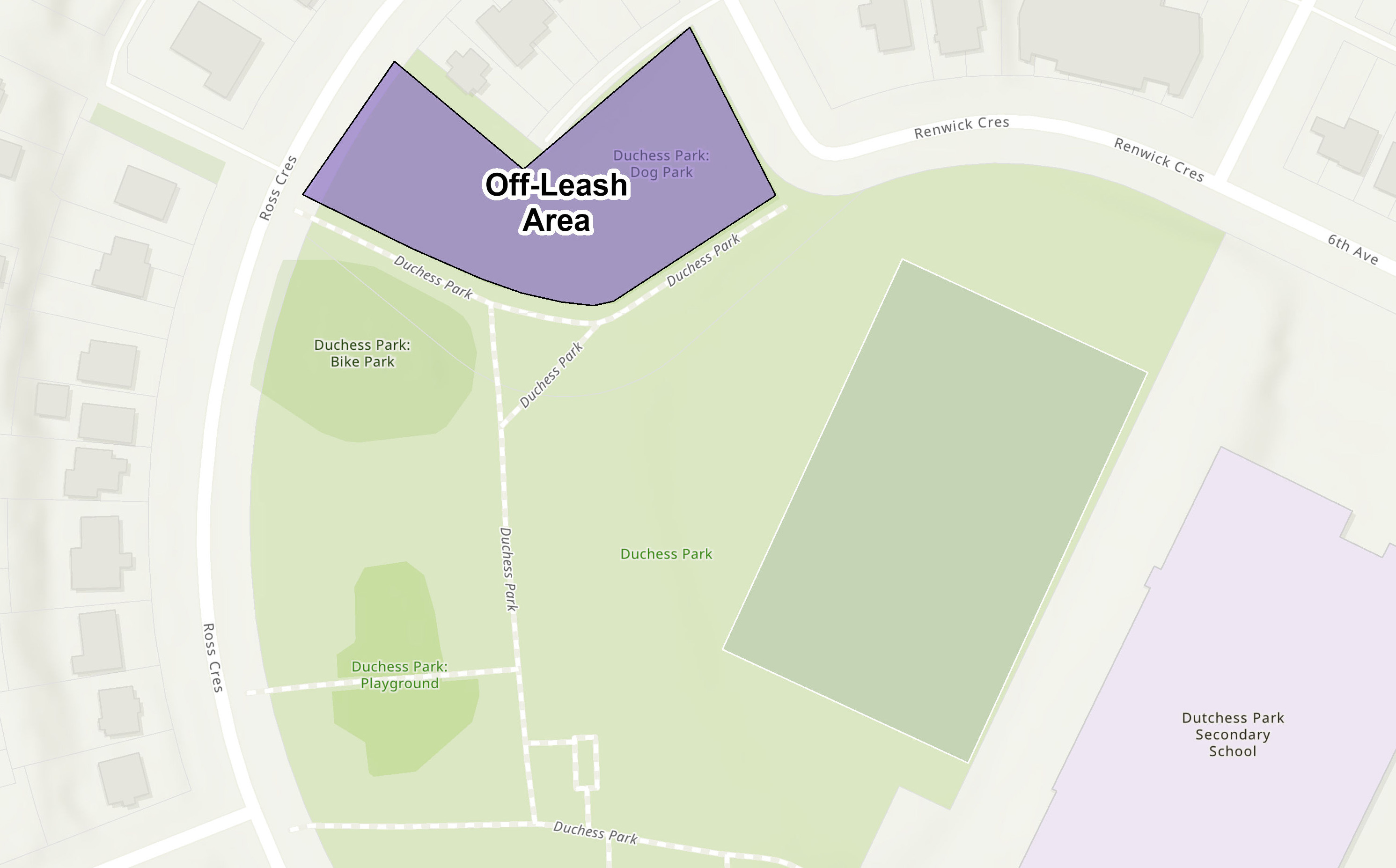 A map of the boundaries of the designated off-leash area at the park.