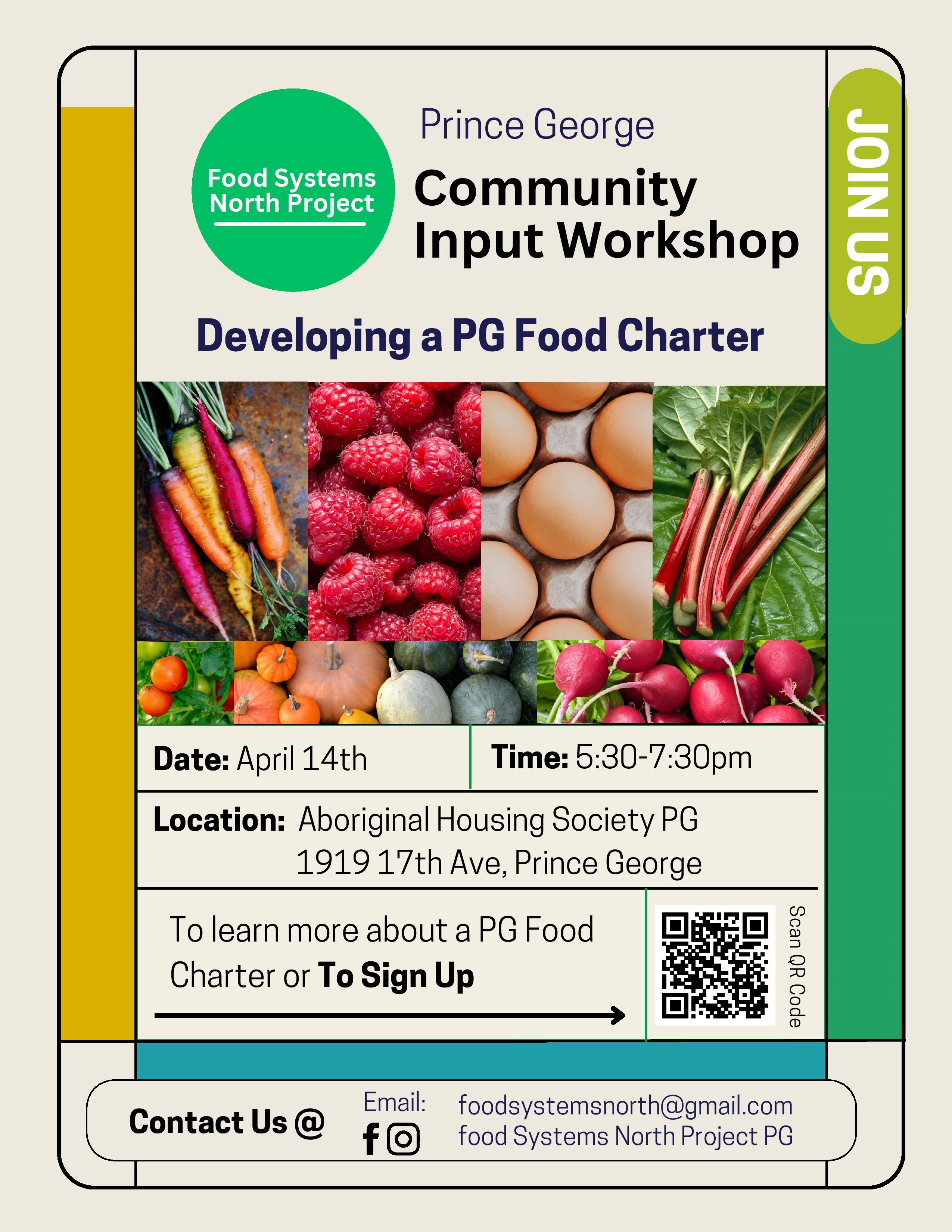 Advertisement promoting a workshop to develop a PG Food Charter on April 14 from 5:30pm to 7:30pm at the Aboriginal Housing Society PG office.