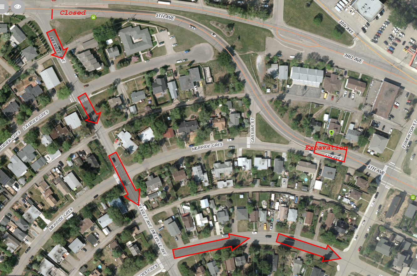 a birdseye map showing the detour with red arrows