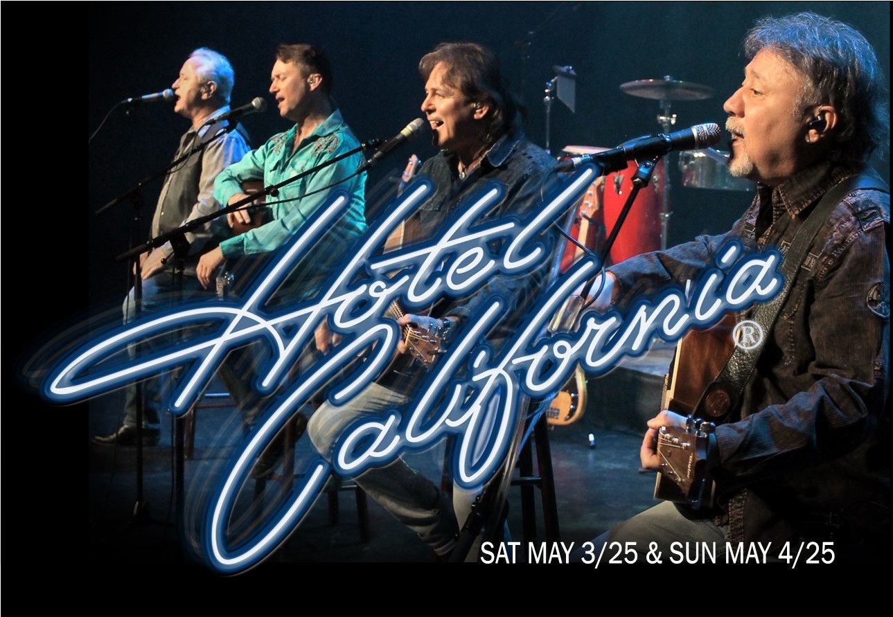 Four male musicians with guitars singing on stage. Text reads "Hotel California