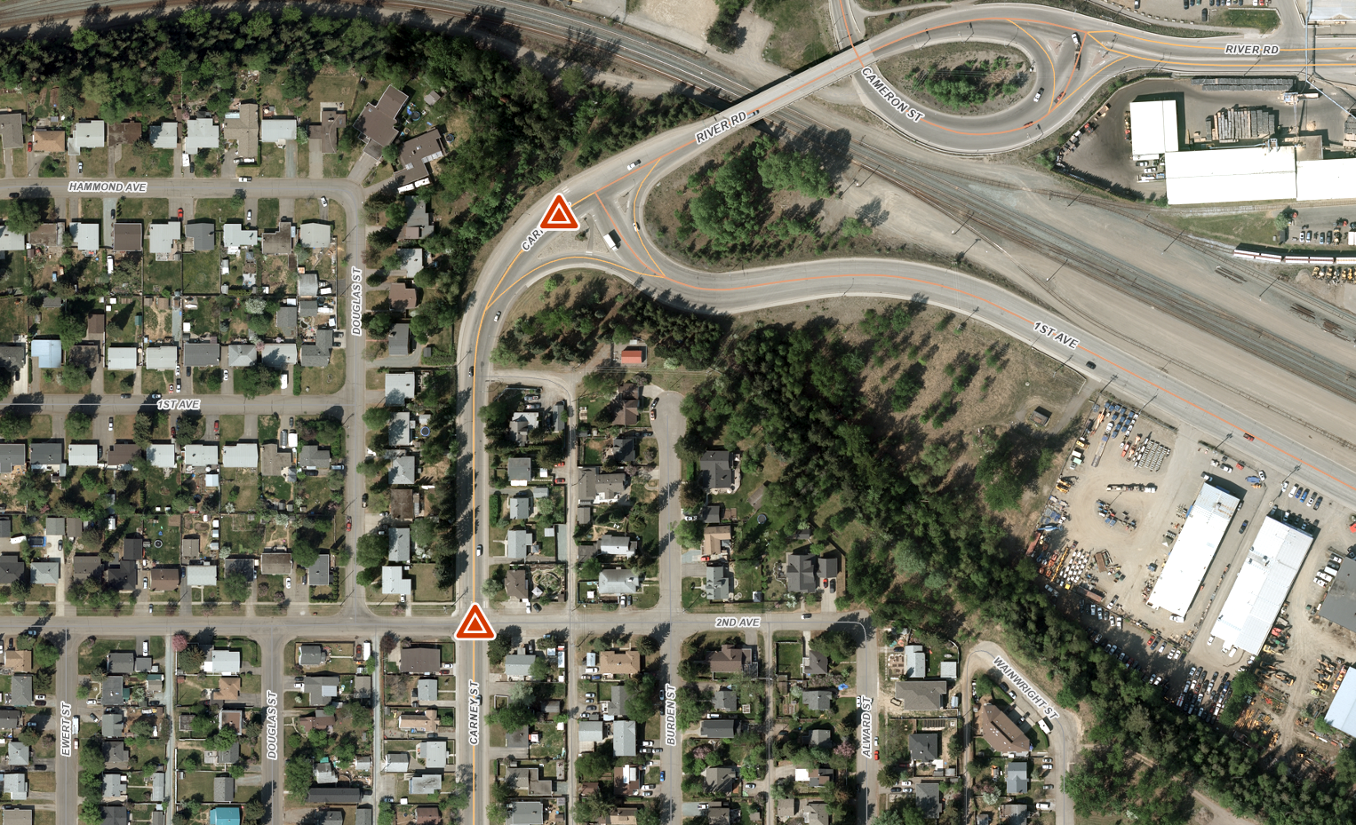 Aerial photo of Carney Street showing the area is closed between 2nd Avenue and the River Road/1st Avenue intersection