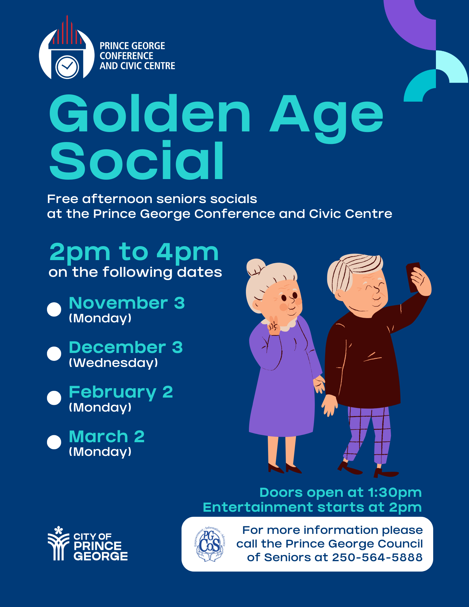 A poster featuring two cartoon senior citizens taking a selfie. Promote Golden Age Socials at the Prince George Conference and Civic Centre