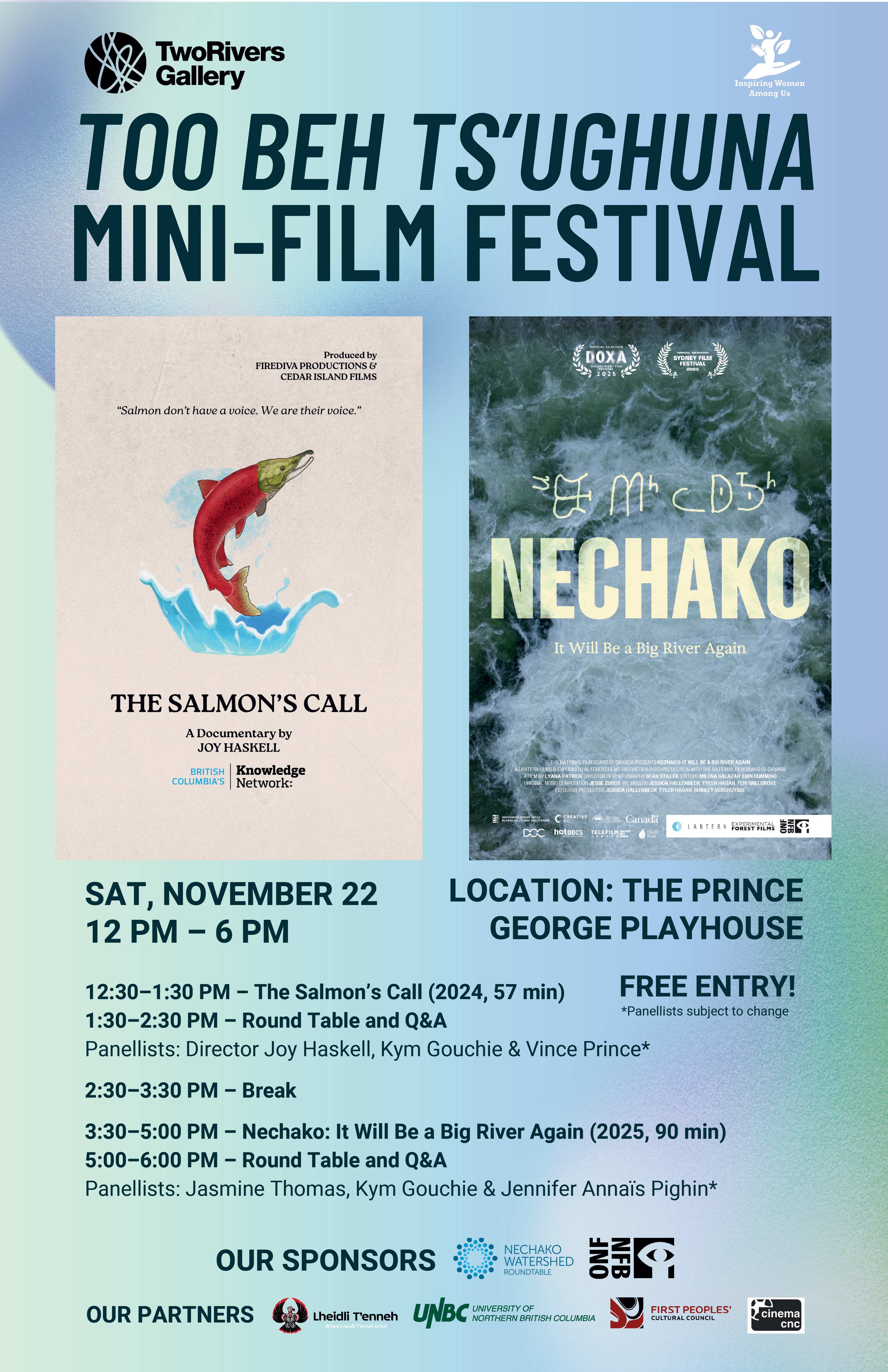 Poster promoting the Too Beh Ts'Ughuna Mini-Film Festival happening Saturday November 22 at the Prince George Playhouse