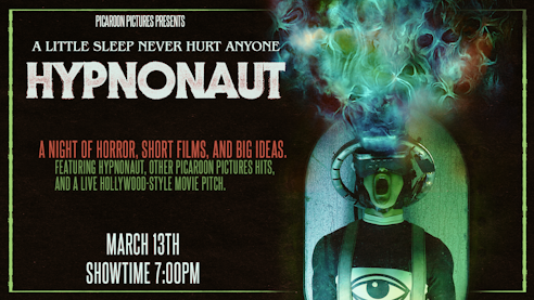 Movie poster for the film Hypnonaut, featuring a screaming man with his head attached to a machine.