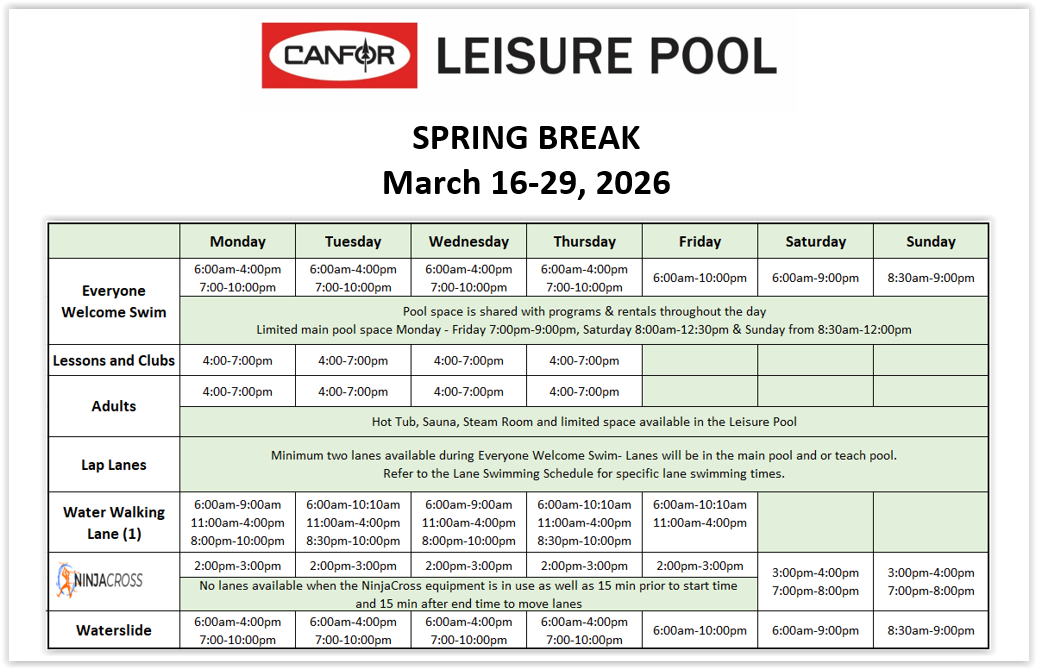 Spring Break 2026 Swim Schedule