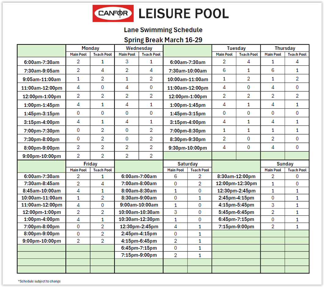 Lane Swimming Schedule - Spring Break 2026