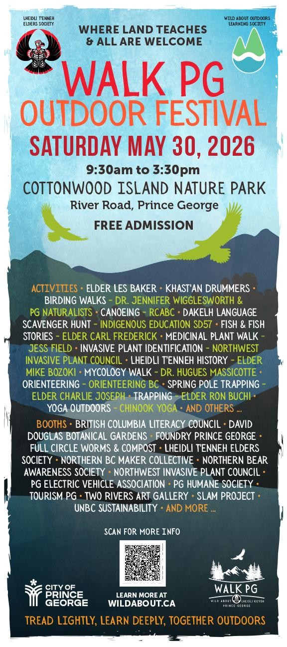 Promotional image for the 2026 Walk PG Outdoor Festival happening on May 30 at Cottonwood Island Nature Park