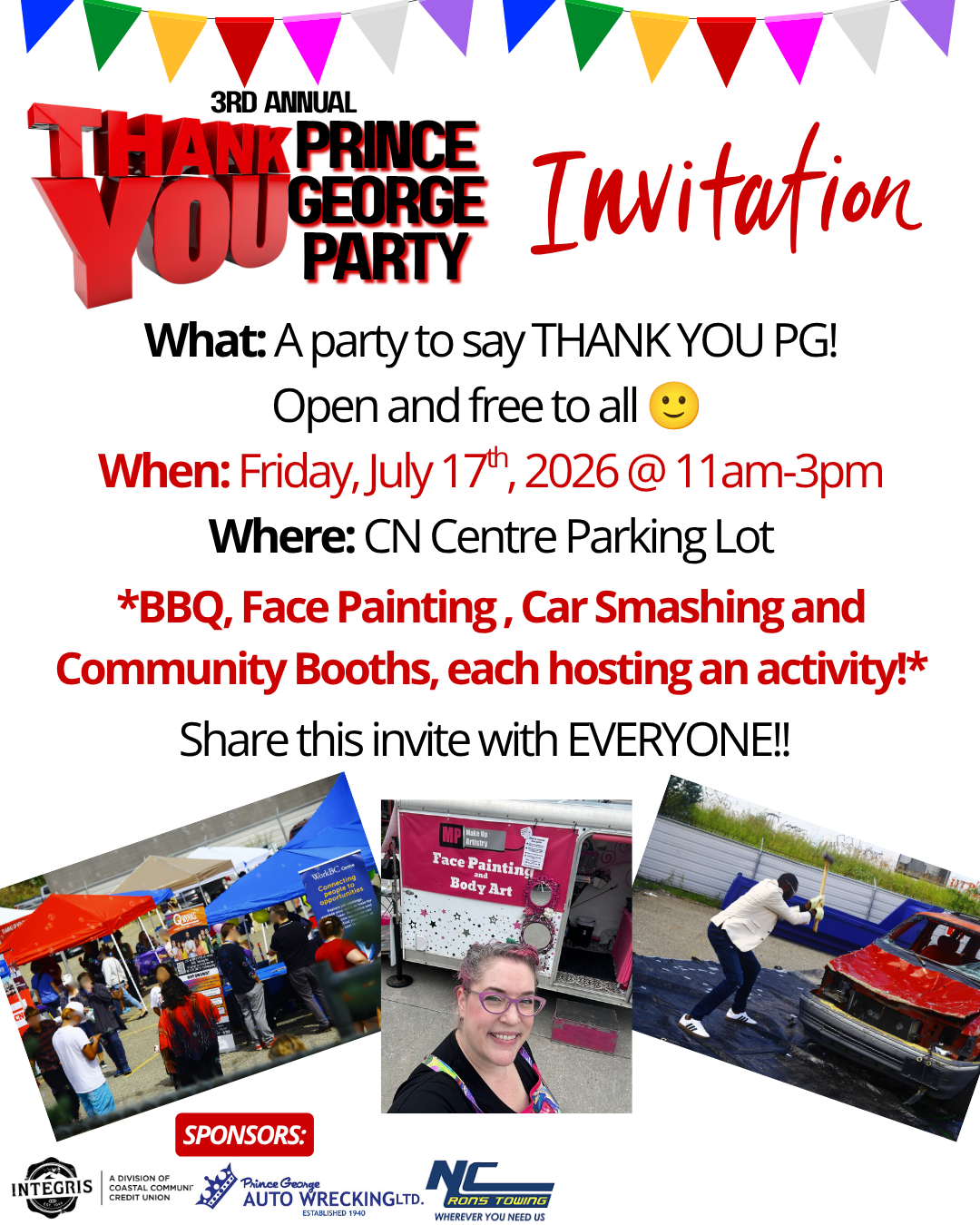 Invite for the 2026 Thank You Prince George Party on Friday, July 17 at the CN Centre parking lot. Free to attend with bbq, face painting, and more