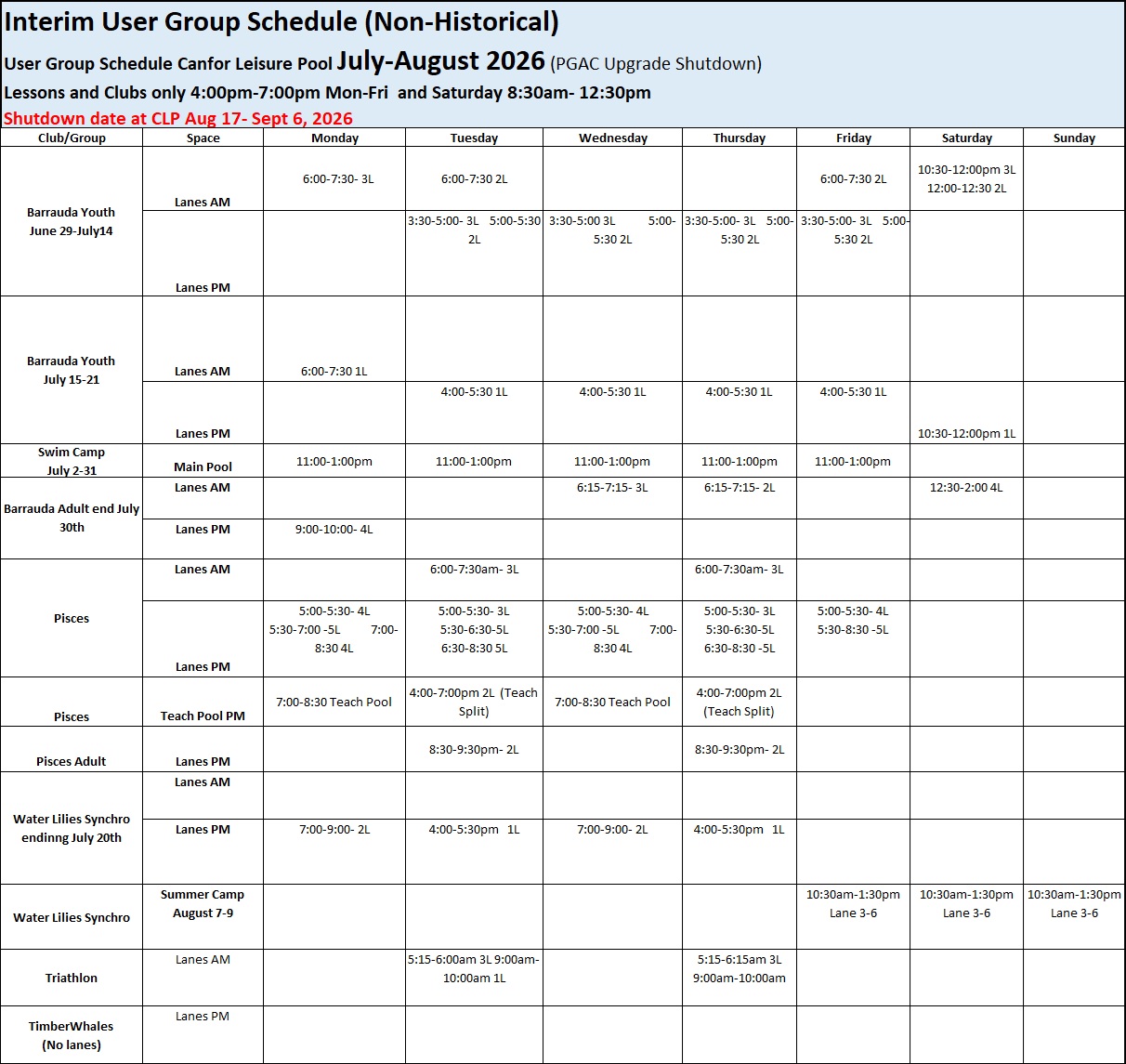 User group Schedule (July & August 2026) Non Historical