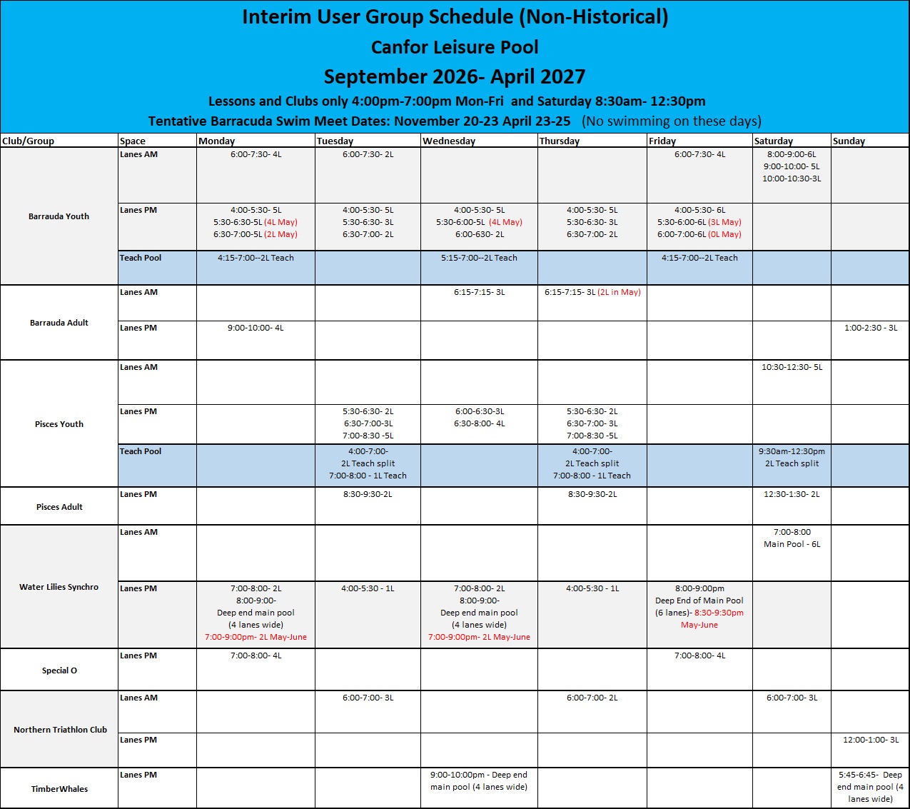 User group Schedule Sept 2026 - April 2027