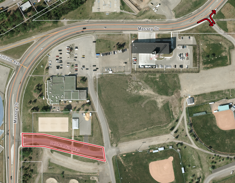 Aerial map showing Del Laverdure Way closed behind the beach volleyball court. Arrows show the temporary access near the Carrie Jane Gray Carney Street entrance.