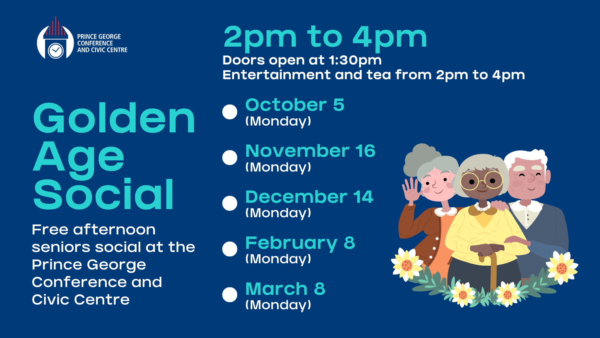 Promotional graphic for seniors' Golden Age Socials at the Civic Centre.