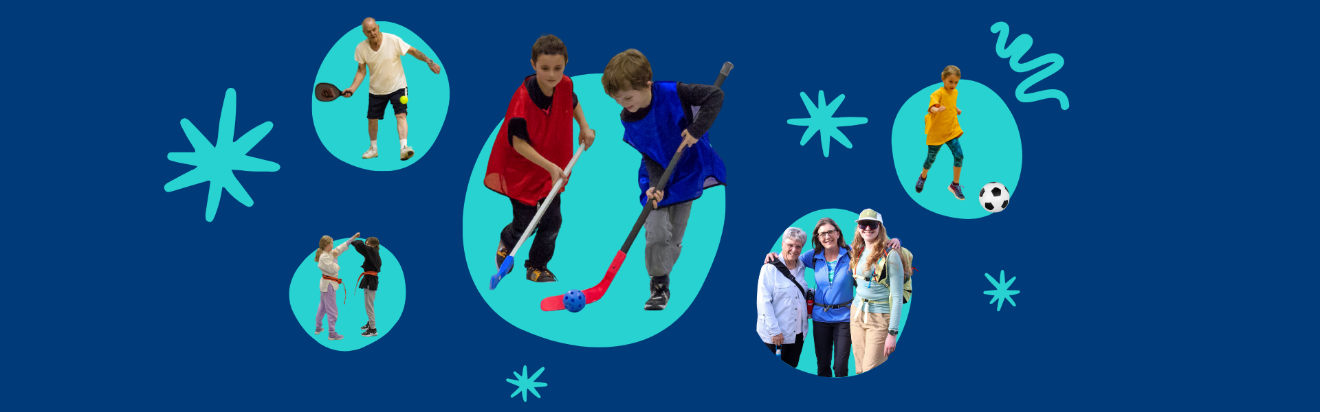 People of various ages taking part in activities including floor hockey, indoor soccer, pickleball, and martial arts.