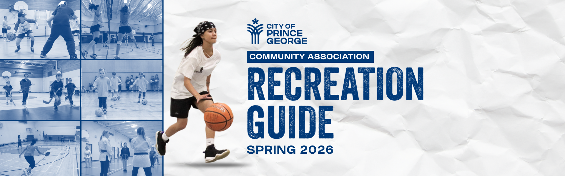 Graphic with a person playing basketball to promote the spring 2026 community association recreation guide