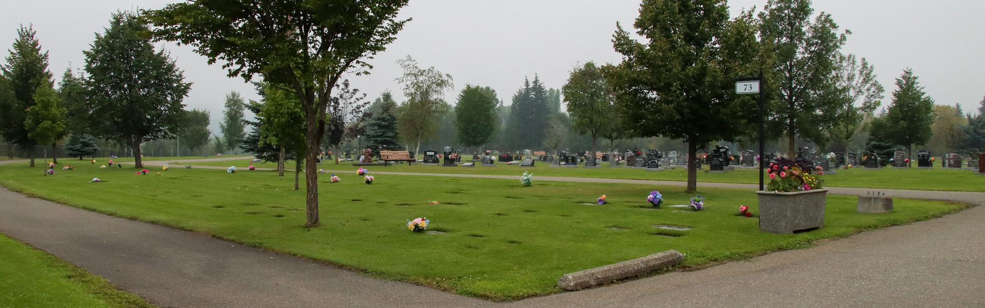 A cemetery with grave markers and trees