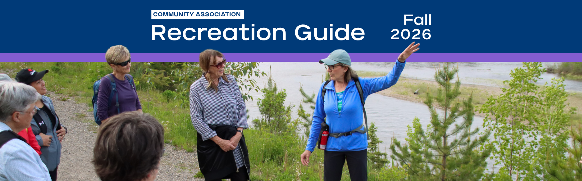 A group of women on a riverside trail. Text on image reads "Community Association Recreation Guide Fall 2026"