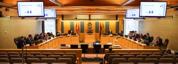council chambers at city hall with staff and elected members in their seats