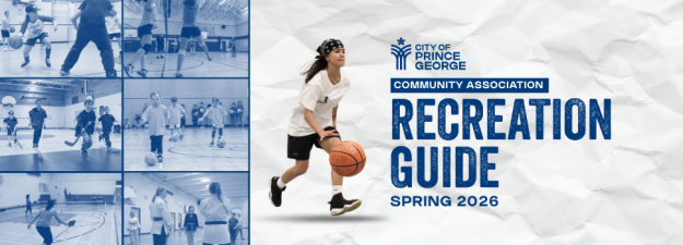 Graphic with a person playing basketball to promote the spring 2026 community association recreation guide