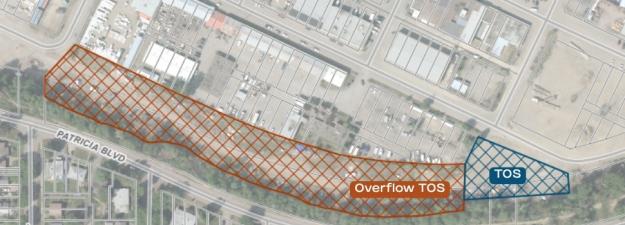 Map showing the temporary overnight sheltering site and the overflow area along Lower Patricia Boulevard between Ottawa and London streets