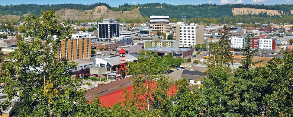 A view of downtown Prince George in the summer from City Hall's roof.