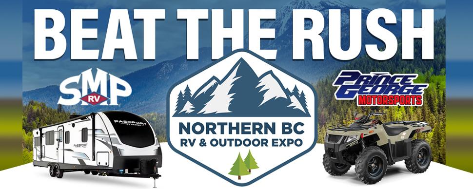 An RV and ATV vehicle with a background of trees and mountains. Northern BC RV & Outdoor Expo February 24 to 26 at CN Centre