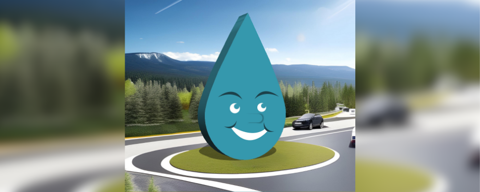 Dewey, the water droplet, sits at the centre of a new traffic circle