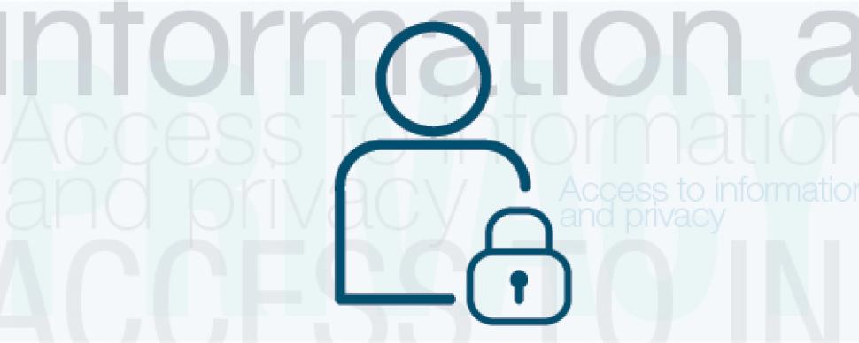 Icon of a blue outlined lock on top of an icon of a blue outlined person with 'Access to Information' written in a text-collage in the background.