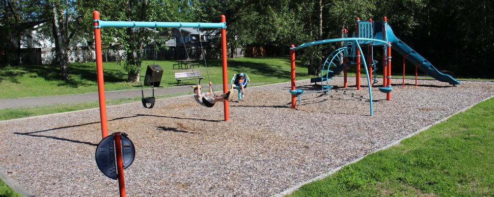 Blue and orange park playground with swing set, slide, monkey bars, and climbing feature. Green grass in foreground, leafy green trees and blue sky in background.