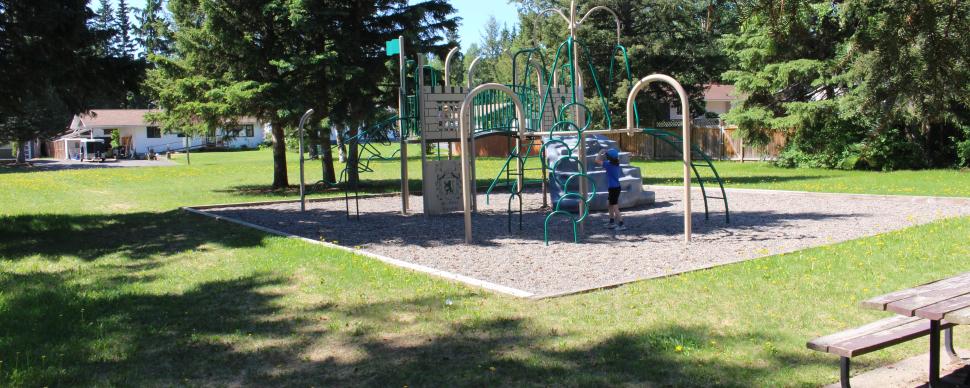 Green and beige coloured playground with many climbing features, surrounded by trees and green grass. Park bend in foreground. Blue sky.