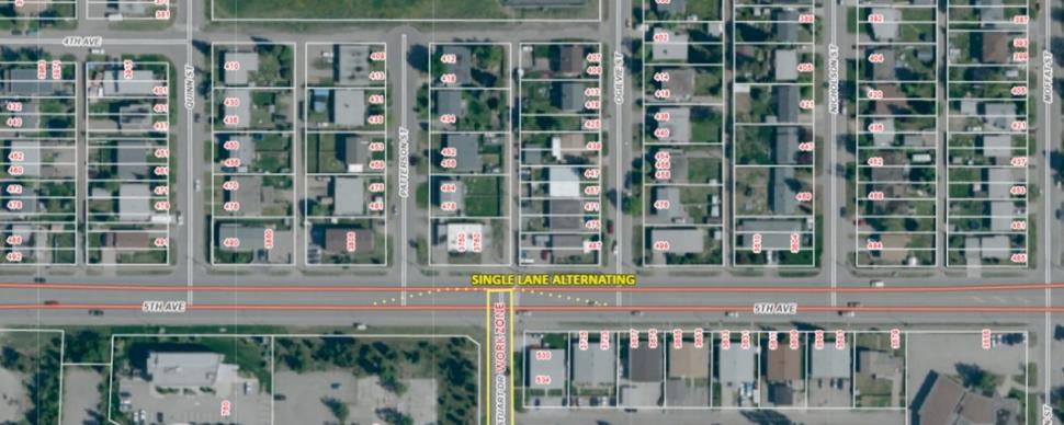 a birds eye view map of 5th avenue showing where the single lane will be