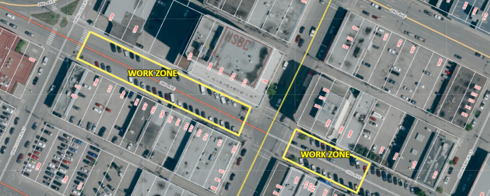 a birds eye view map of 3rd avenue showing where the watermain work will take place