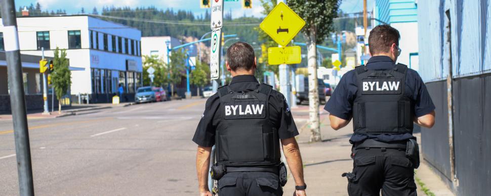 Two bylaw officers in uniform walking down an urban street on a bright summer day.