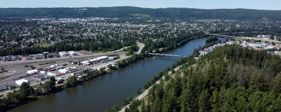 An aerial view of Prince George from the cutbanks of the Nechako River
