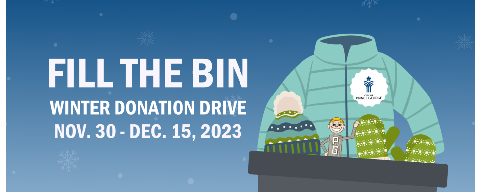 A grey bin filled with winter clothing and a tiny Mr. PG. Graphic text reads: Fill the Bin Winter Donation Drive November 30 - December 15, 2023.