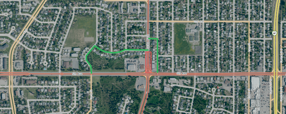 a birds eye view map of the intersection of 5th Ave and Ospika Blvd showing where the detour routes will be