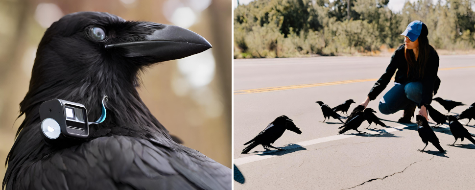 a close up of a crow with a small camera on its neck