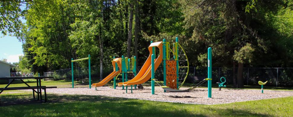 Orange and green playground equipment with swing set and picnic table. Sunny day with leafy green trees in background