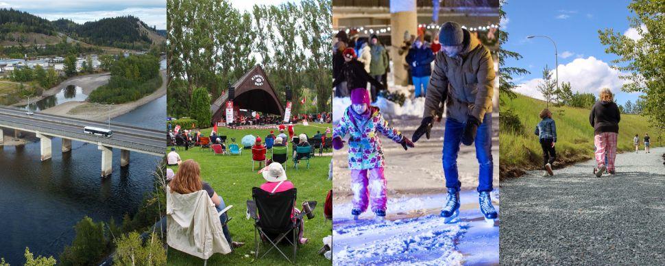 four photos side by side. one showin John Hart brdge, one showing a park, one showing ice skating and one showing people walking on a path