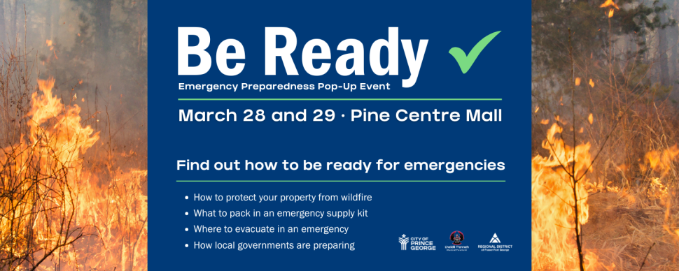 Promotion for a Be ready emergency preparedness event. Wildfire in background.