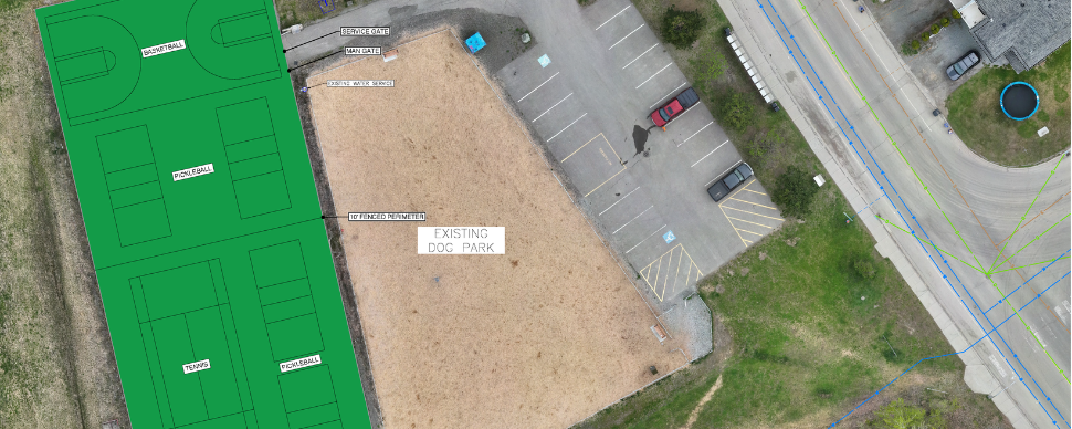 Aerial photo of Southridge Park with a mock up of the new multi-sport court that includes a tennis court, pickleball courts, and a basketball court
