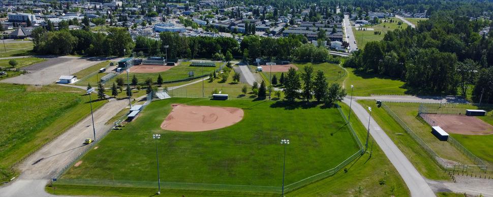 Aerial photo of three ball fields at Carrie Jane Gray park 