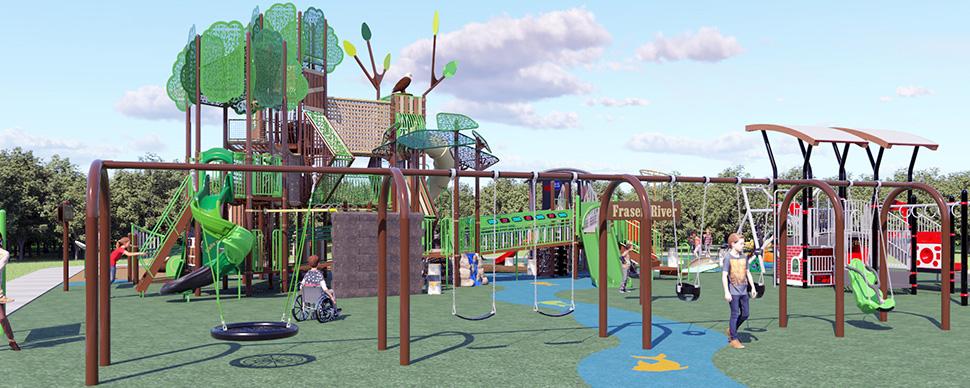 A concept design of a set of swings surrounded by various playground equipment