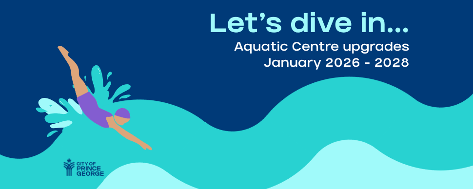 Graphic image of a person diving into waves. Graphic text reads Let's dive in... Aquatic Centre upgrades January 2026 - 2028